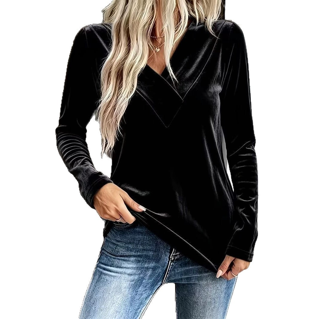 Damen Velours-Longsleeve mit überlappendem V-Ausschnitt und femininer Drapierung Nord Taschen