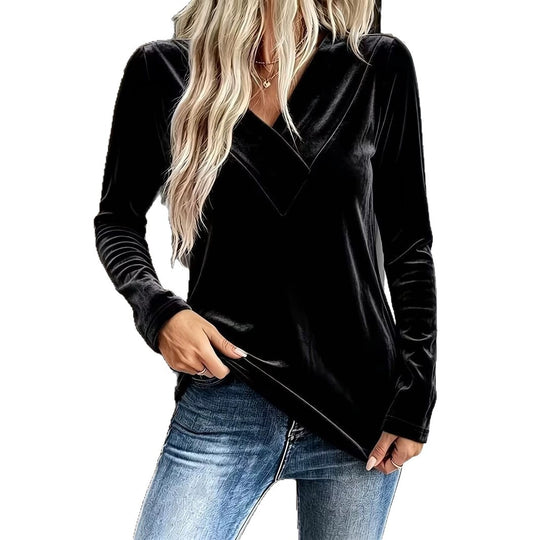 Damen Velours-Longsleeve mit überlappendem V-Ausschnitt und femininer Drapierung Nord Taschen