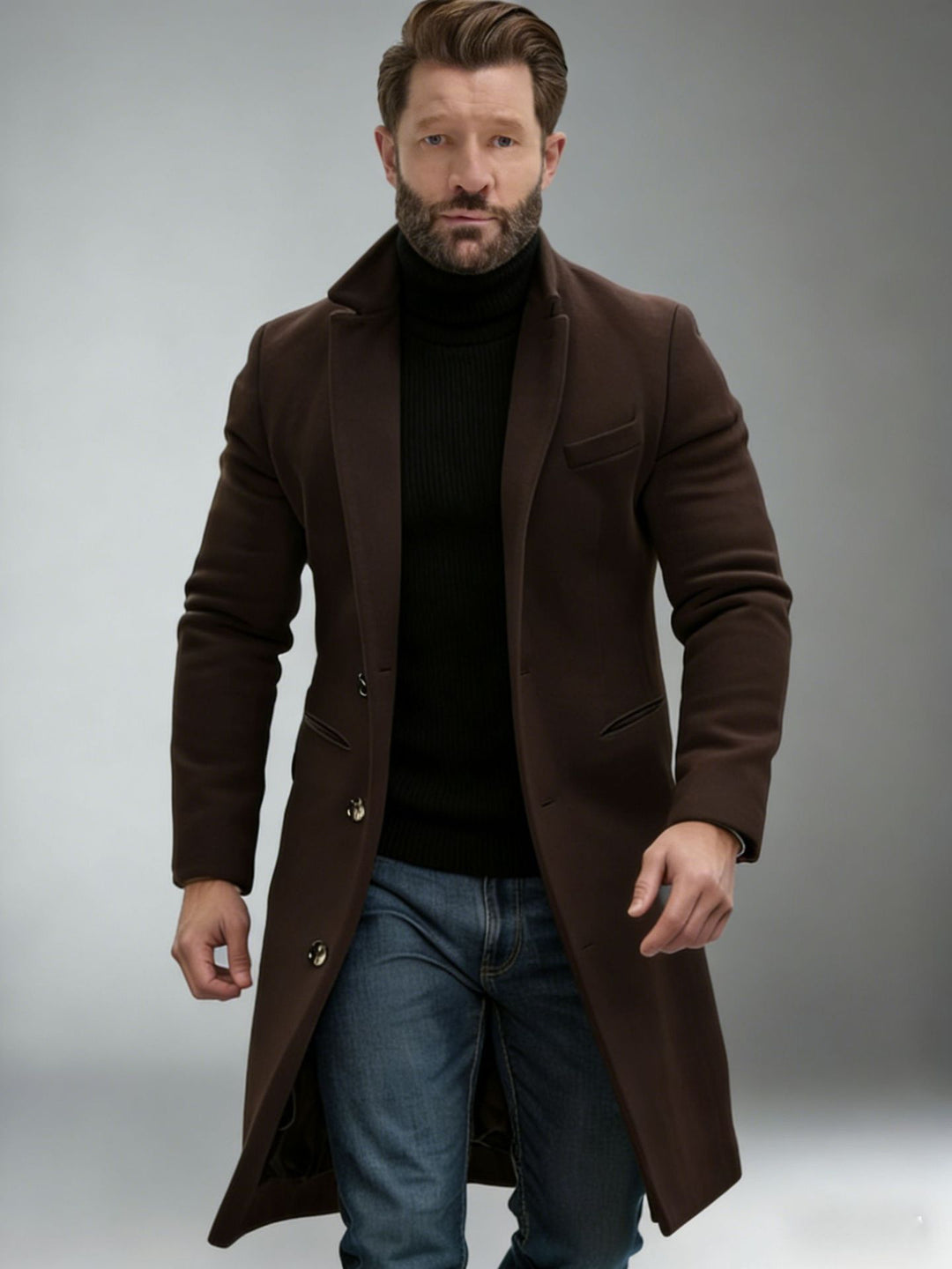 Herren Eleganter einreihiger Langmantel aus Wollmix mit schmaler Silhouette und Reverskragen Nord Taschen