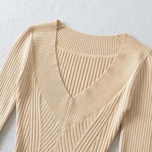 Damen Taillierter Rippstrick-Pullover mit V-Ausschnitt und formgebender Struktur Nord Taschen