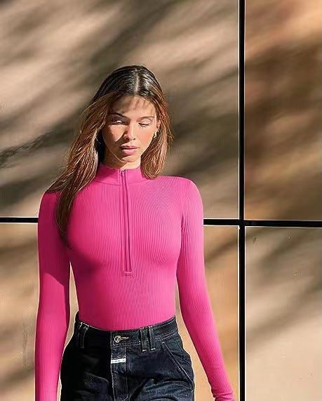 Damen Enganliegendes Rippstrick-Longsleeve mit Halbzip und Stehkragen Nord Taschen