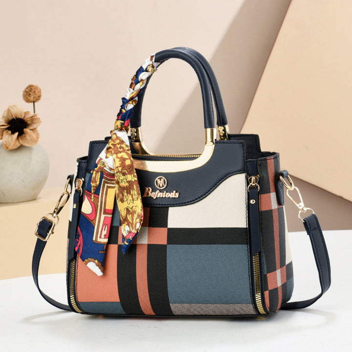 Damen Handtasche mit modernem Karomuster und elegantem Seiden-Schal Nord Taschen