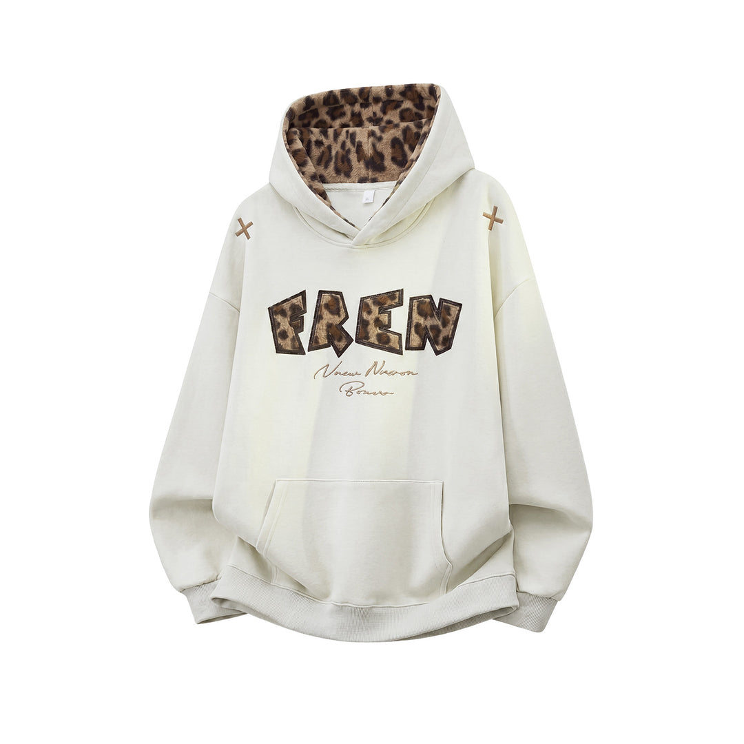 Damen Oversize-Kapuzenpullover mit gefütterter Leopardenkapuze und Applikationsschrift Nord Taschen