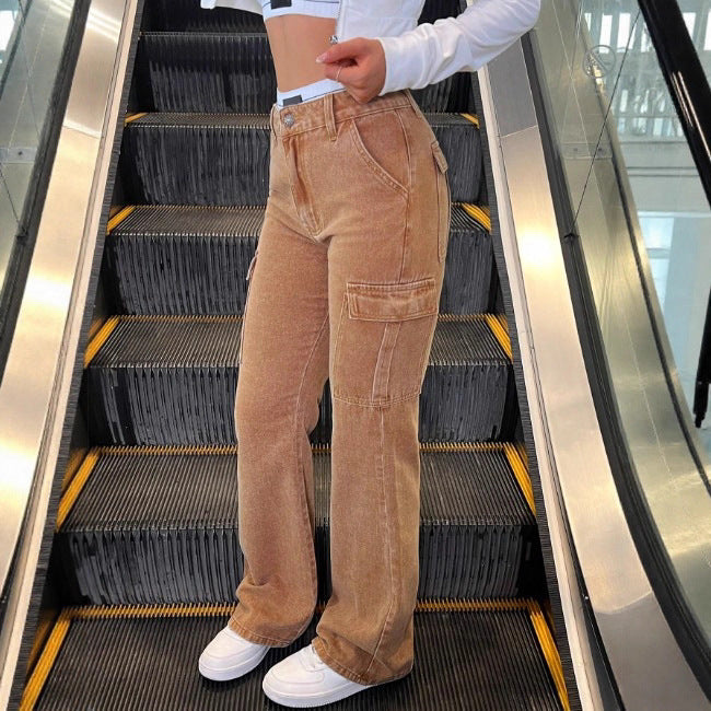 Damen Hochtaillierte Cord-Cargo-Palazzohose mit weitem Bein und Klappentaschen Nord Taschen