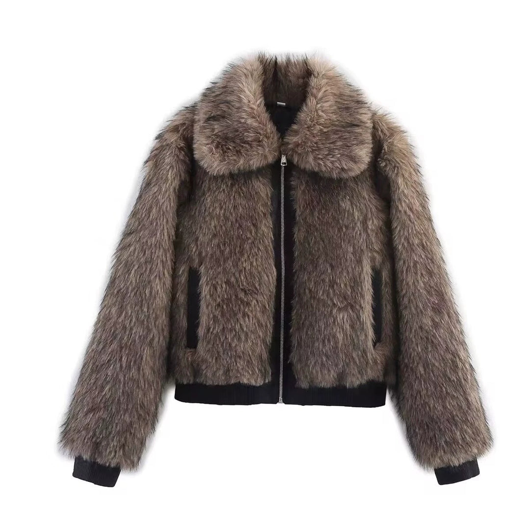 Damen Kurze Kunstpelz-Bomberjacke mit voluminösem Schalkragen und Reißverschluss Nord Taschen