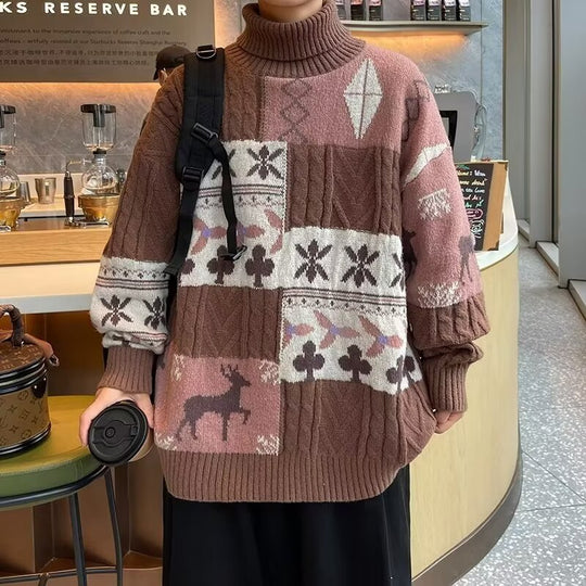 Damen Gemusterter Oversized Pullover mit Stehkragen Nord Taschen