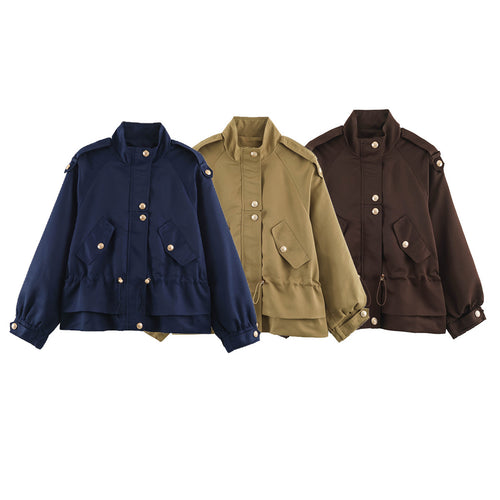 Damen Taillierbare Utility-Jacke mit Stehkragen, Schulterklappen und Pattentaschen Nord Taschen