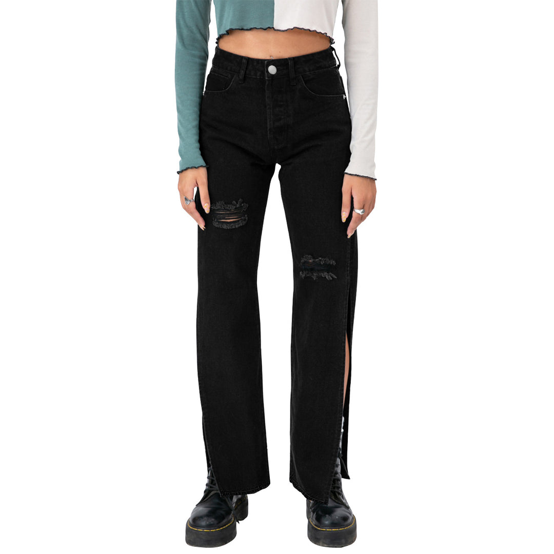 Damen hochgeschnittene Straight-Jeans mit seitlichem Beinschlitz und dezenten Rissen Nord Taschen