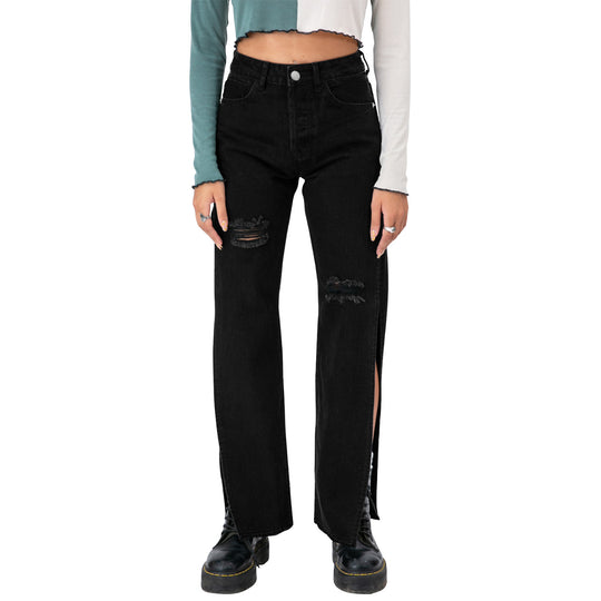 Damen hochgeschnittene Straight-Jeans mit seitlichem Beinschlitz und dezenten Rissen Nord Taschen
