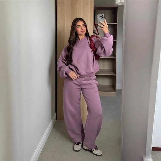 Damen Cropped-Sweatshirt mit hohem Rundhalsausschnitt und elastischer Tunnelzug Wide-Leg Jogginghose Set Nord Taschen