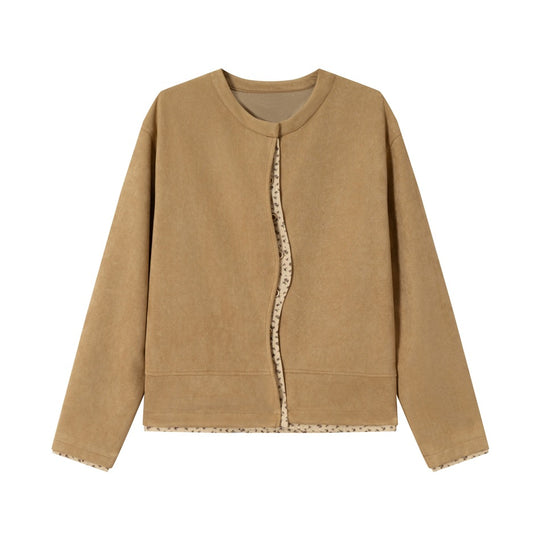 Damen Kurz geschnittene Wildlederoptik Blousonjacke mit Rundhalsausschnitt, verdeckter Knopfleiste und floralem Innenbesatz Nord Taschen