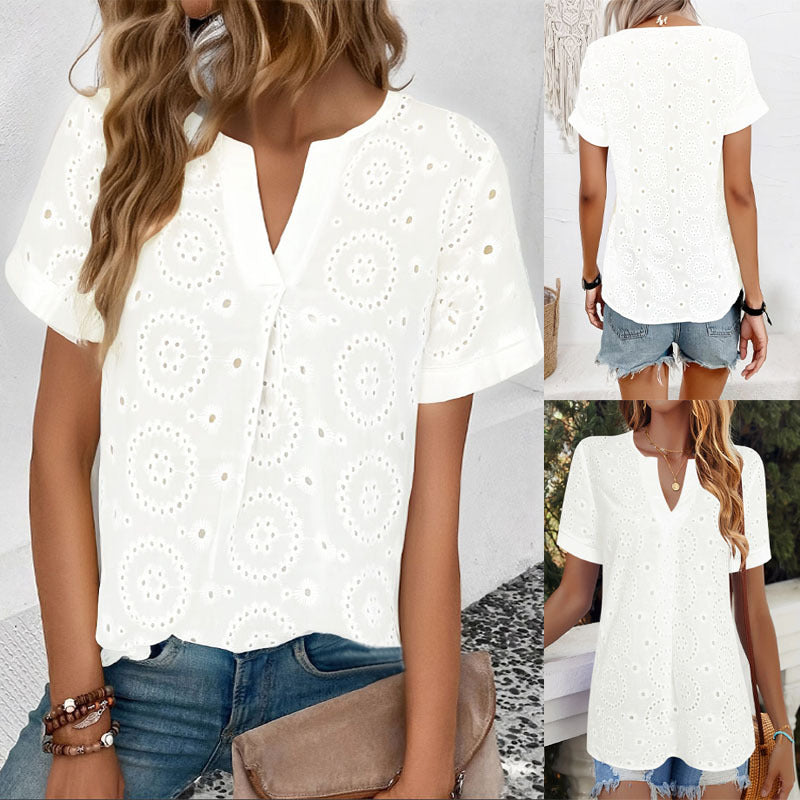 Damen Bluse mit floralen Lochstickereien und V-Ausschnitt