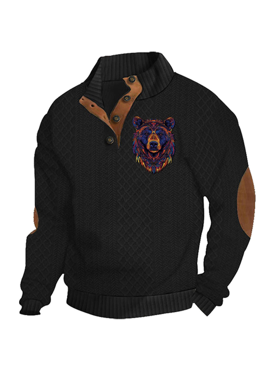 Herren nan Heritage-Strukturpullover mit Stehkragen Lederimitat-Besatz Ellenbogen-Patches und Halbknopfleiste