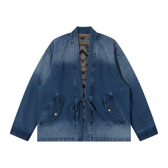 Unisex Jeans-Kimonojacke mit Bindegürtel und gemusterter Futterung Nord Taschen