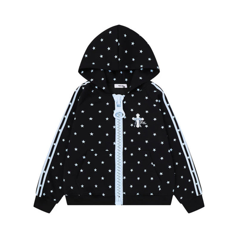 Damen Kapuzen-Sweatjacke mit Sternen-Allover, breitem Kontrastreißverschluss und seitlichen Streifen Nord Taschen