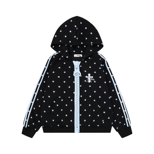 Damen Kapuzen-Sweatjacke mit Sternen-Allover, breitem Kontrastreißverschluss und seitlichen Streifen Nord Taschen