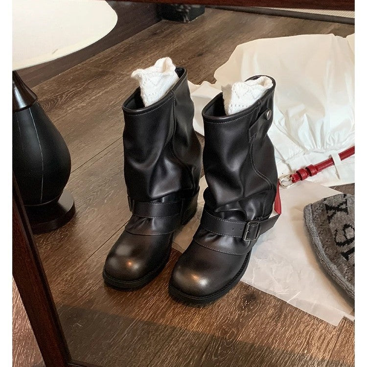 Damen Mid-Calf Bikerstiefel aus Glattleder mit verstellbarem Schnallenriemen Nord Taschen