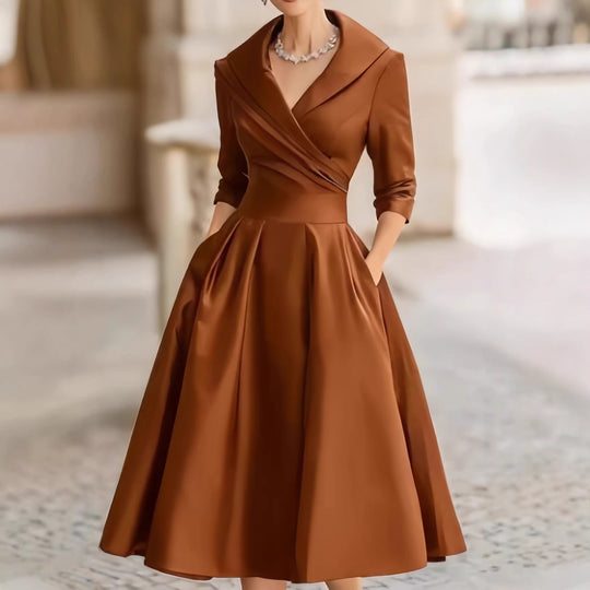 Damen Elegantes Satin-Midikleid mit Wickeloberteil, mittellangen Ärmeln und Eingrifftaschen Nord Taschen