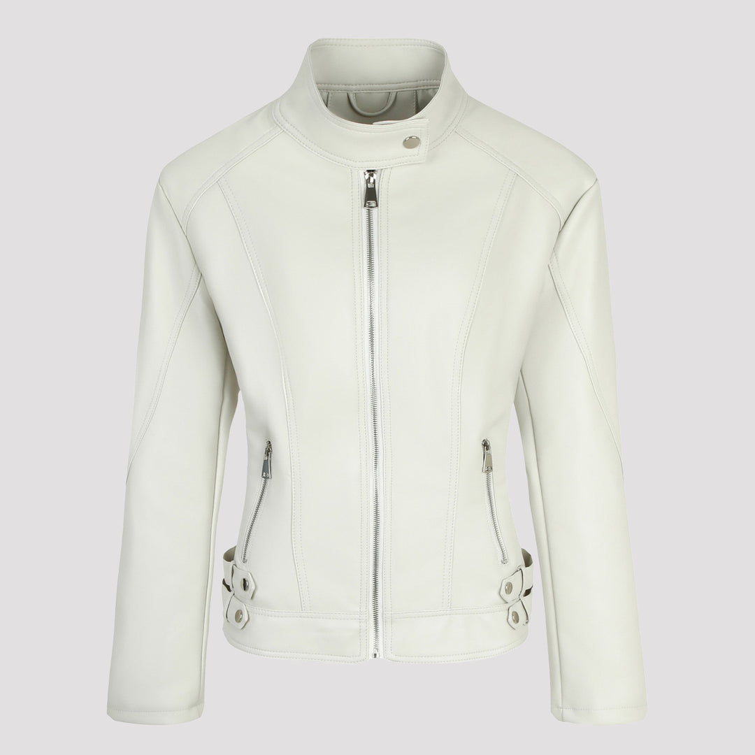 Damen Figurbetonte Motorradjacke mit hohem Stehkragen und Ziergürtel-Details Nord Taschen