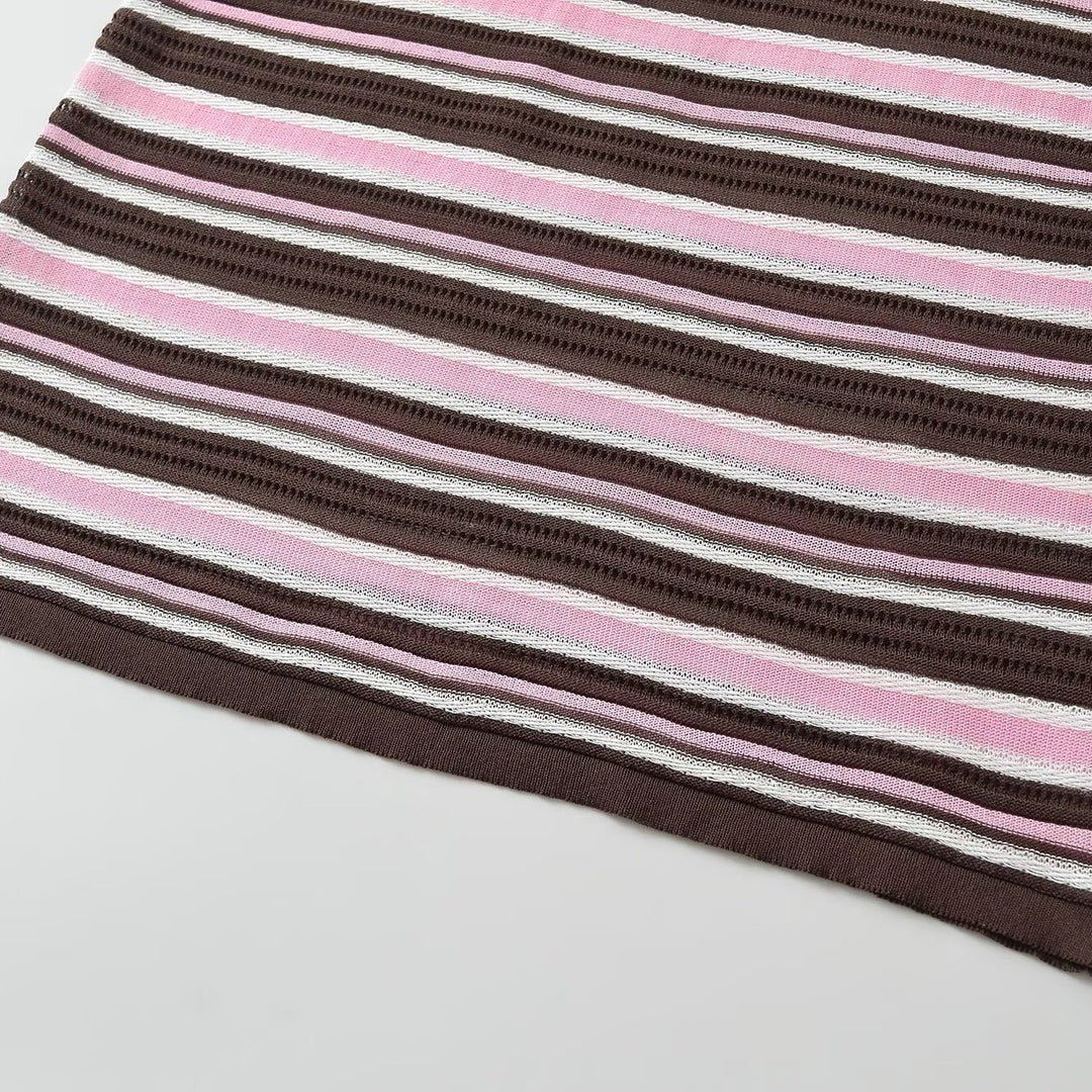 Damen Gestreiftes kurzärmeliges Poloshirt aus Feinstrick mit Rüschenkante und 3‑Knopf‑Leiste Nord Taschen