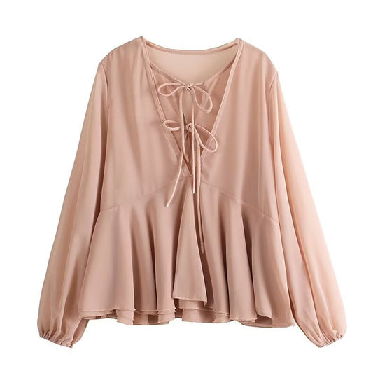 Damen Weiche Chiffonbluse mit Schnürung, V‑Ausschnitt und Volantsaum Nord Taschen
