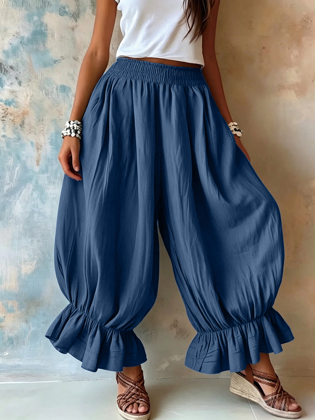 Damen Weite Haremhose mit Rüschenbündchen und Smok‑Taillenbund Nord Taschen
