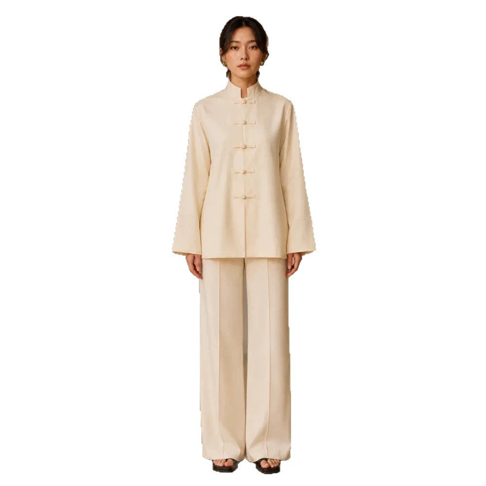 Damen Mandarin-Kragen Tunikajacke mit Knotenverschlüssen und weiter Palazzo-Hose Nord Taschen