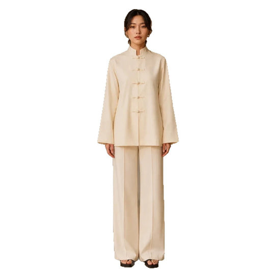 Damen Mandarin-Kragen Tunikajacke mit Knotenverschlüssen und weiter Palazzo-Hose Nord Taschen