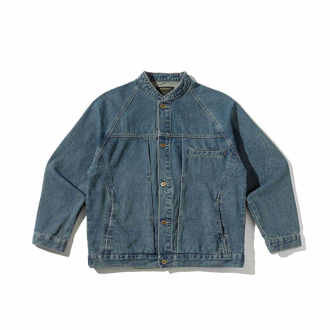 Unisex Boxy-Jeansjacke mit Stehkragen, markanter Nahtführung und Knopfleiste Nord Taschen