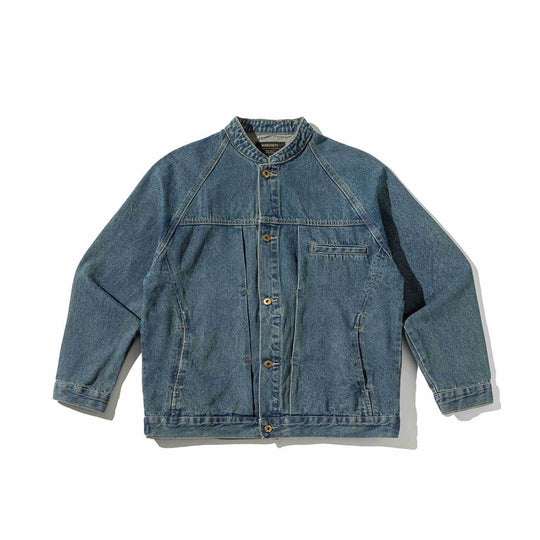 Unisex Boxy-Jeansjacke mit Stehkragen, markanter Nahtführung und Knopfleiste Nord Taschen