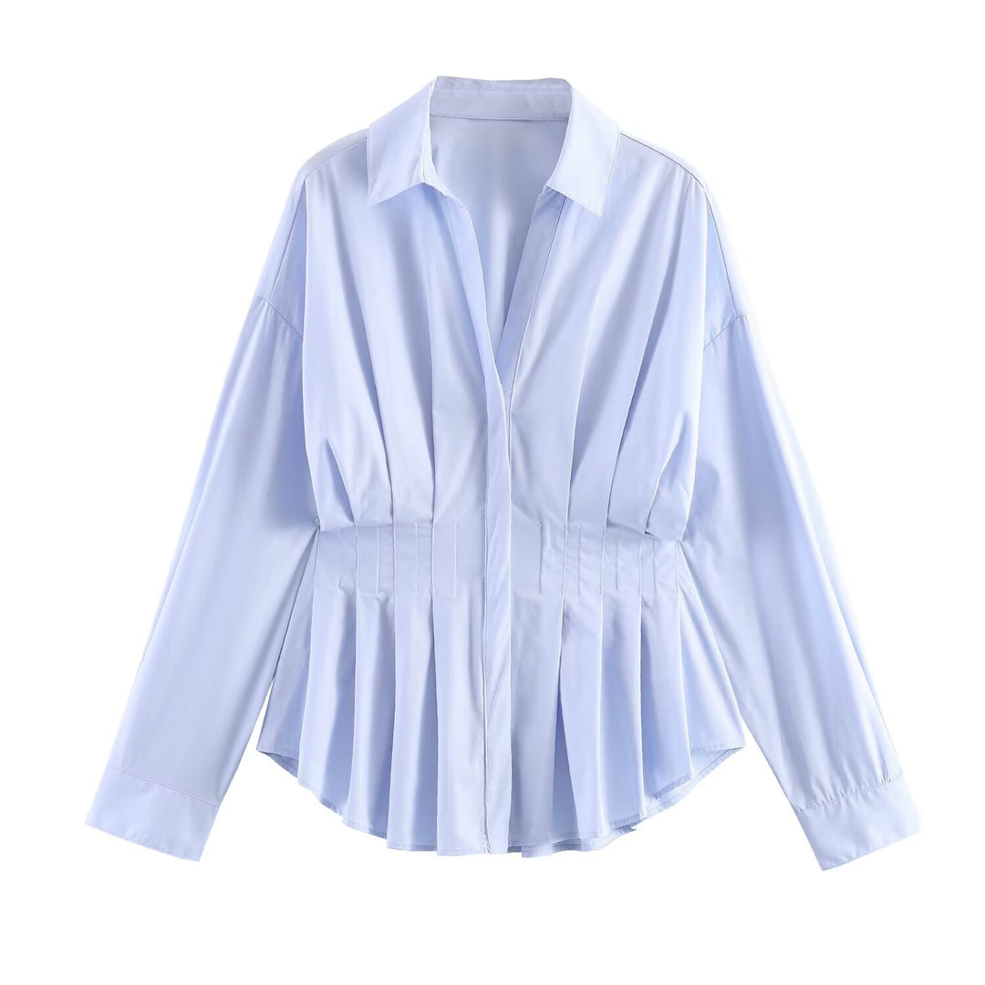 Damen taillierte Hemdbluse mit Kellerfalten‑Schößchen und Hemdkragen Nord Taschen