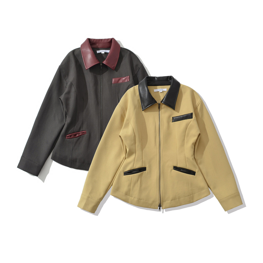 Damen Taillierte Kurzjacke mit Reißverschluss und Kunstlederbesatz Nord Taschen