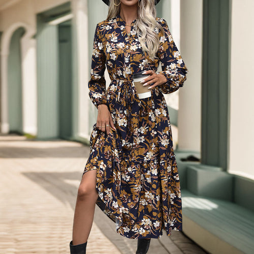 Damen Langärmeliges Midikleid mit Bindegürtel, Stufensaum und seitlichem Schlitz Nord Taschen