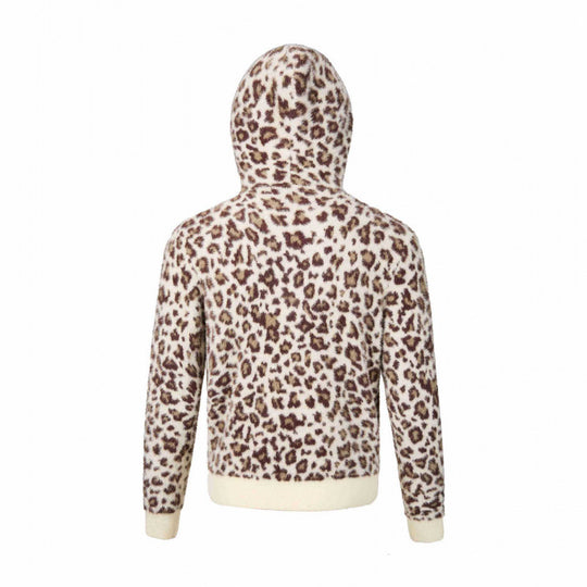 Damen Kapuzen-Fleecejacke aus Teddystoff mit Leopardenmuster und Reißverschluss Nord Taschen