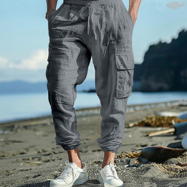 Herren nan lässige Leinen-Cargo-Jogger mit Kordelbund, großen Klapptaschen und elastischem Knöchelabschluss