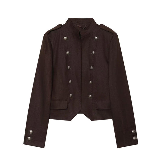 Damen Kurze Militärjacke im Uniformstil mit Stehkragen und dekorativen Druckknöpfen Nord Taschen