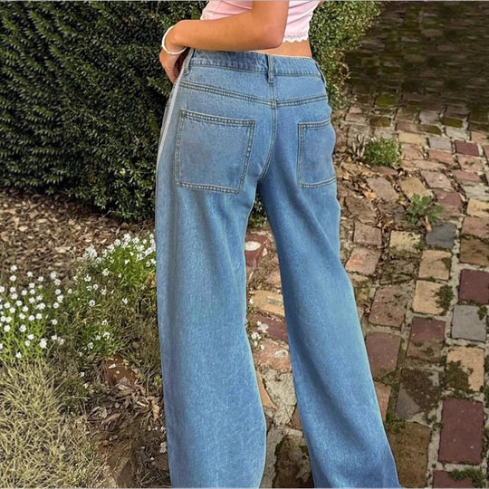 Damen weite High-Waist Denim-Jeans mit seitlichem Kontraststreifen Nord Taschen