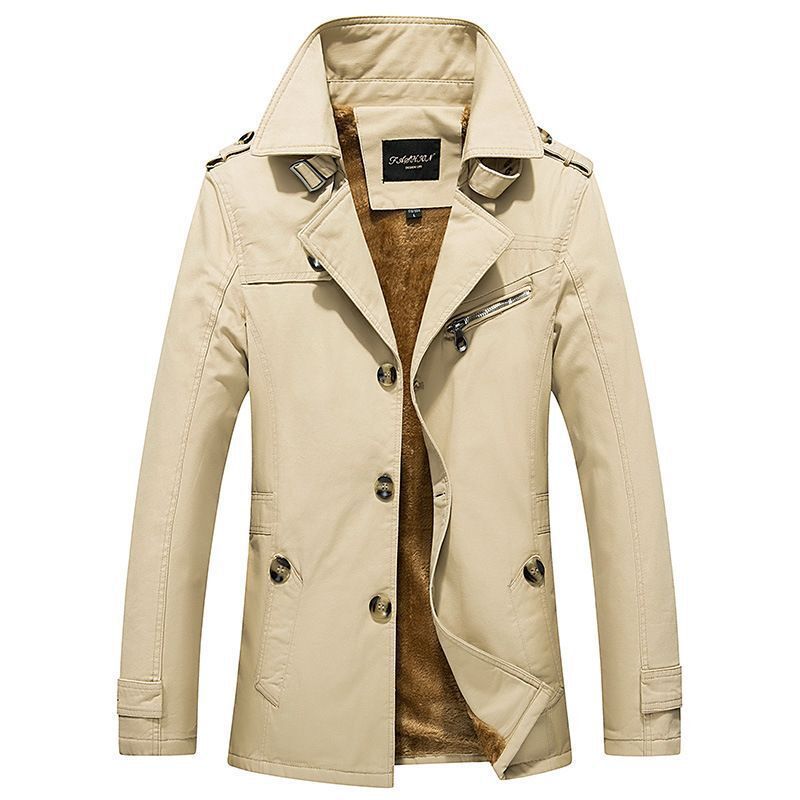 Herren mittellanger doppelreihiger Trenchcoat mit Teddyfutter und Stehkragen Nord Taschen
