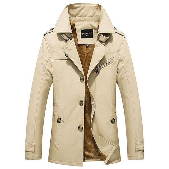 Herren mittellanger doppelreihiger Trenchcoat mit Teddyfutter und Stehkragen Nord Taschen