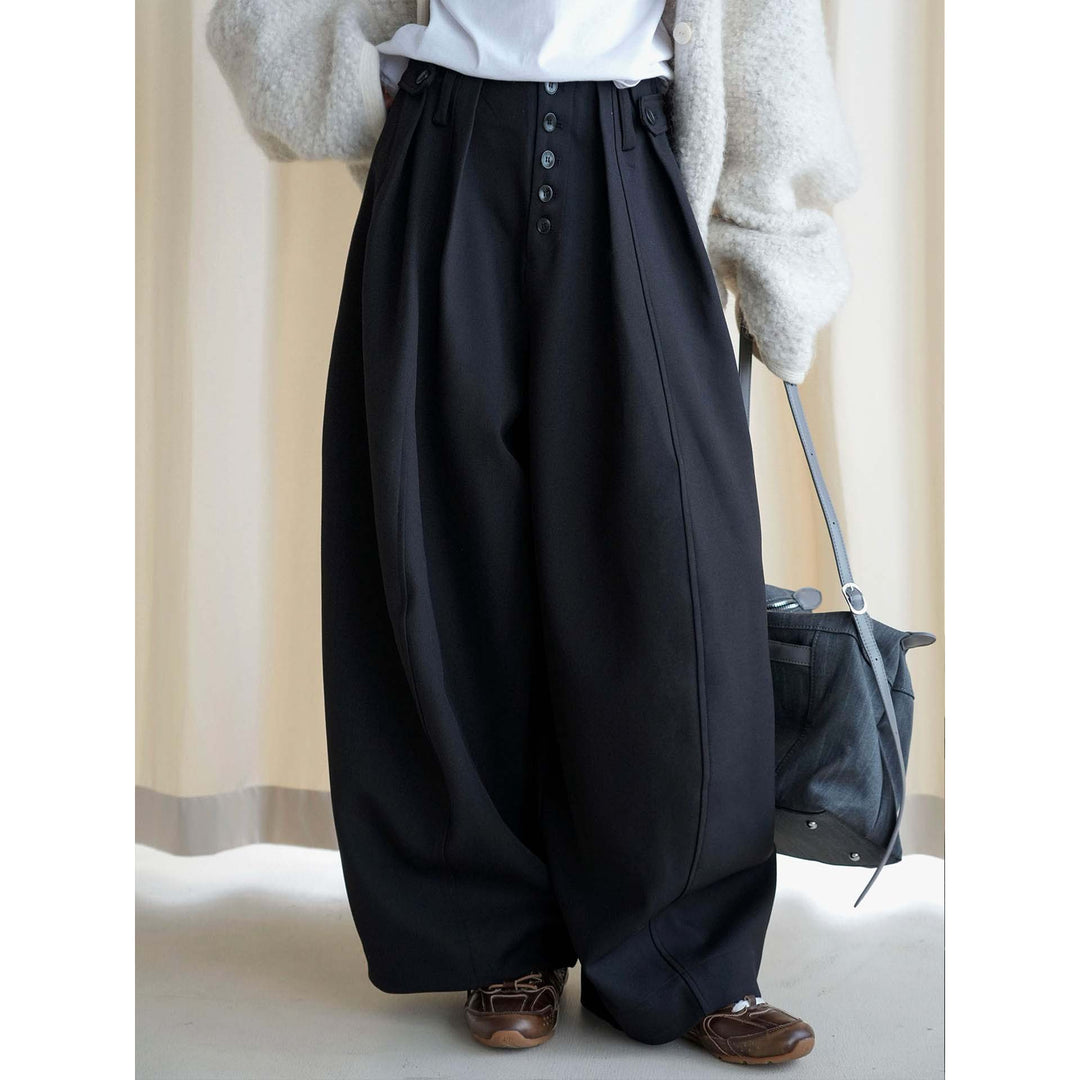 Damen weite Hose mit hoher Taille und dekorativer Knopfleiste Nord Taschen