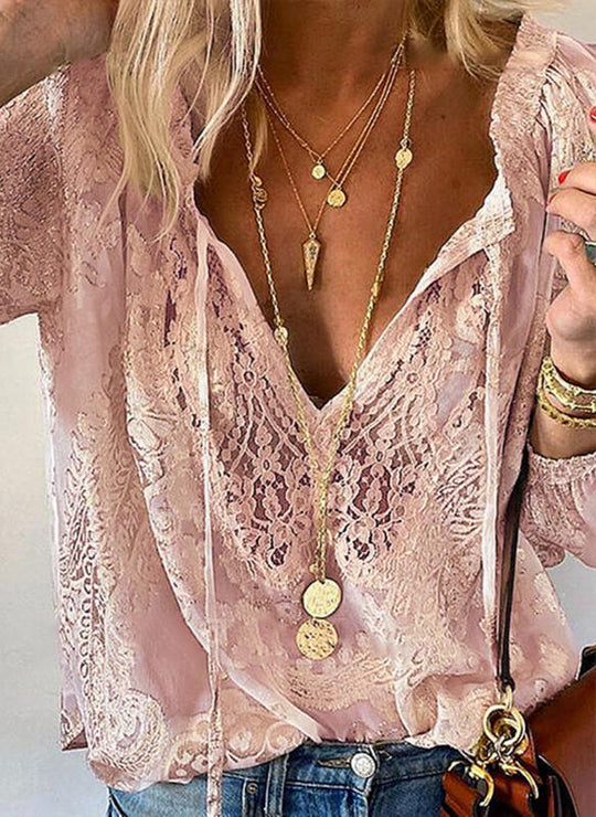 Damen Elegante und feminine Bluse mit V-Ausschnitt und Spitzenakzenten