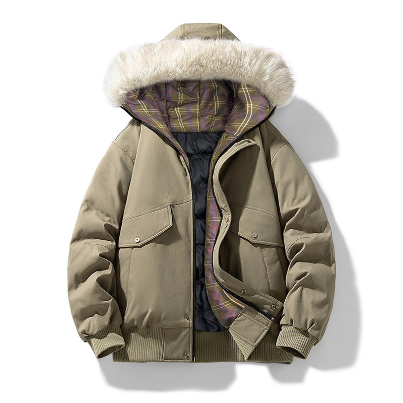 Herren Wattierte Winterjacke mit Kunstpelz-Kapuze, gestepptem kariertem Innenfutter und Bomberbündchen Nord Taschen