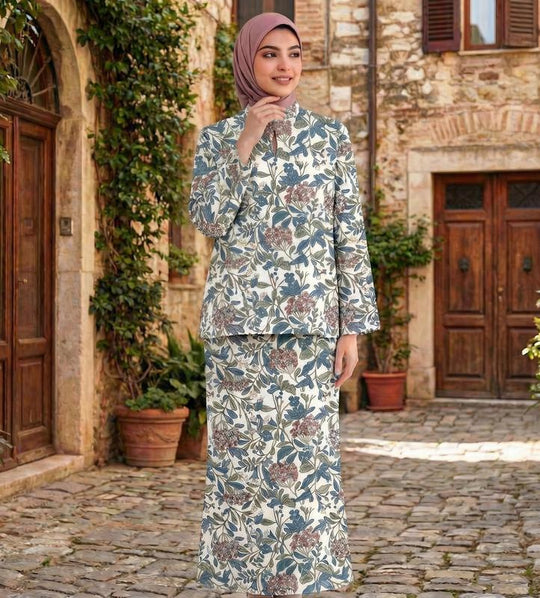 Damen Zweiteiliges Modest-Set aus Tunika mit Stehkragen und geradem Maxirock mit Blumenprint Nord Taschen