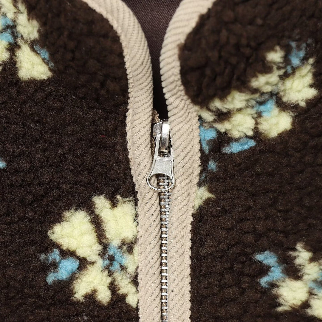 Damen Teddy-Fleecejacke mit floralem Allover‑Muster, Stehkragen und Reißverschluss Nord Taschen