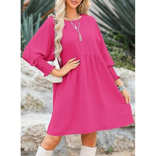 Damen Lockeres Babydoll-Kleid mit Ballonärmeln und geraffter Taille Nord Taschen