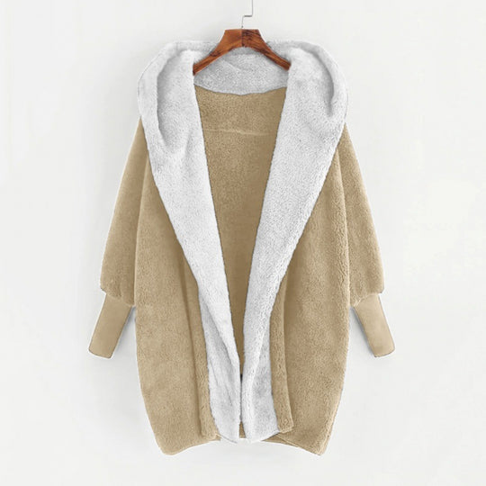 Damen Oversized Kunstfell-Kapuzenmantel mit kontrastierender Teddy-Innenseite und Rippbündchen Nord Taschen