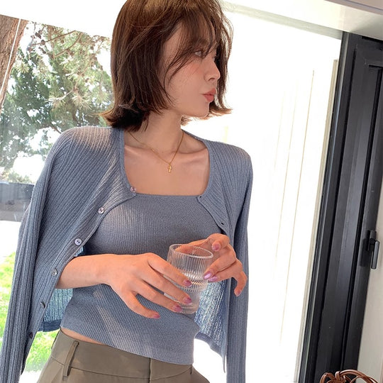 Damen Rippstrick-Twinset mit kurzem Cardigan und Feinstrick-Top Nord Taschen