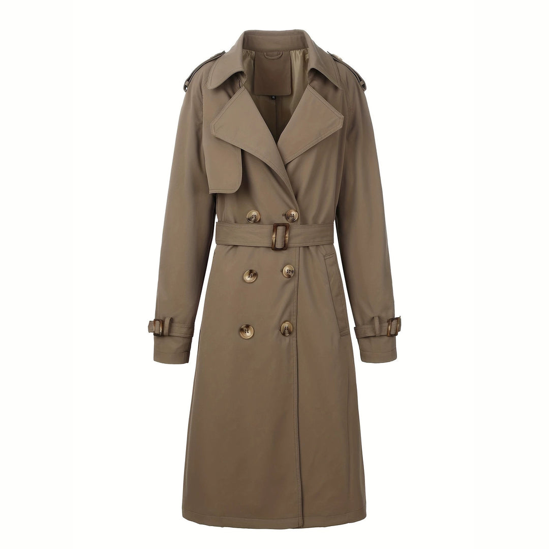 Damen Langer Doppelreihiger Trenchcoat mit Taillengürtel und Epauletten Nord Taschen