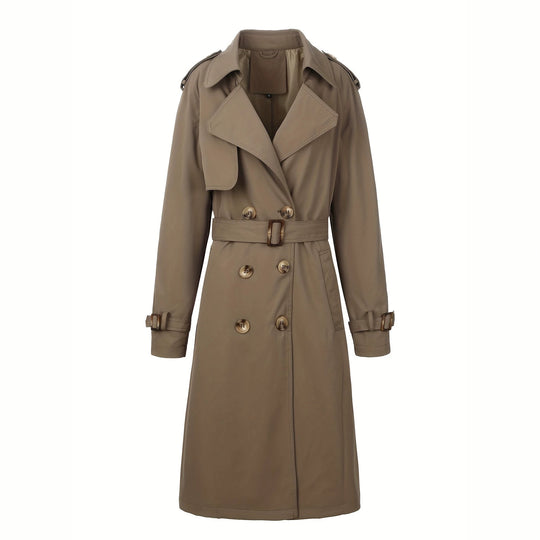 Damen Langer Doppelreihiger Trenchcoat mit Taillengürtel und Epauletten Nord Taschen