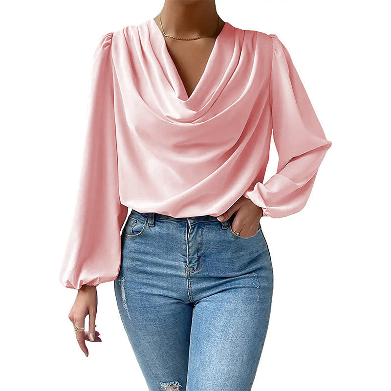 Damen elegante Bluse mit asymmetrischem Halsansatz und langen Ärmeln